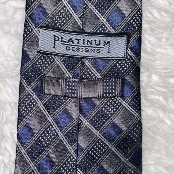 PLATINUM DESIGNS  - 100% SILK NECKTIE - BLUE WITH SILVER AND GRAY ACCENTS - Picture 2 of 3